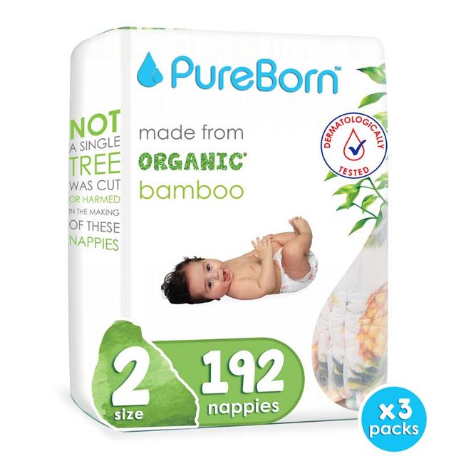 Pureborn Size 2 Double Pack 3-6kg Nappy 64's x 3 Bundle - Assorted