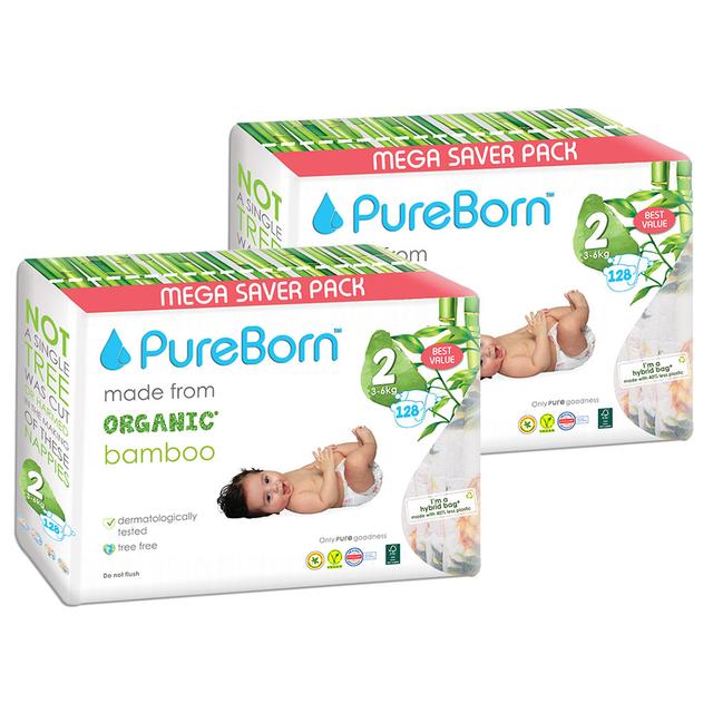 Pureborn Size 2 Master Pack 3-6kg Nappy Pack of 2 - 256 pcs - Design May Vary