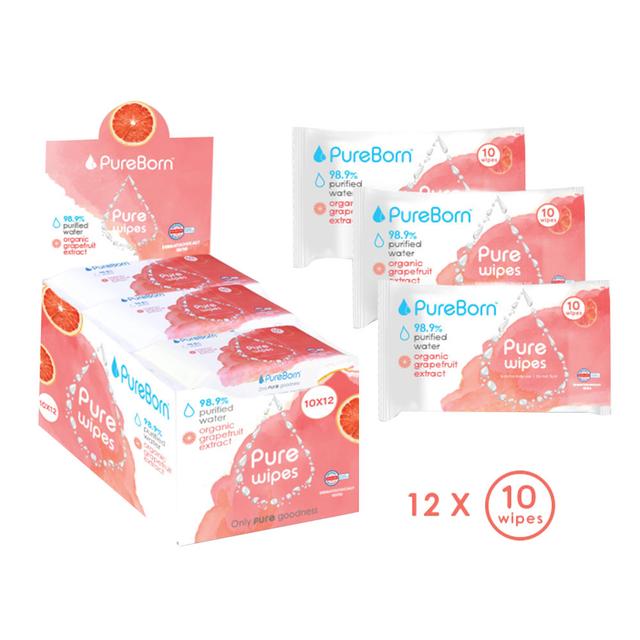 Pureborn Pure Wipes Grapefruit 10's x 12 Bundle (120pcs) - Assorted