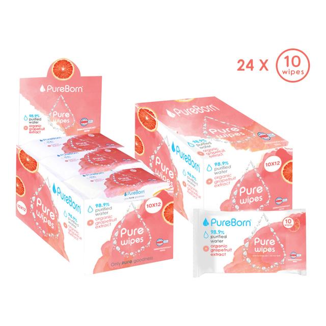 Pureborn Pure Wipes Grapefruit 10's x 24 Bundle (240pcs) - Assorted