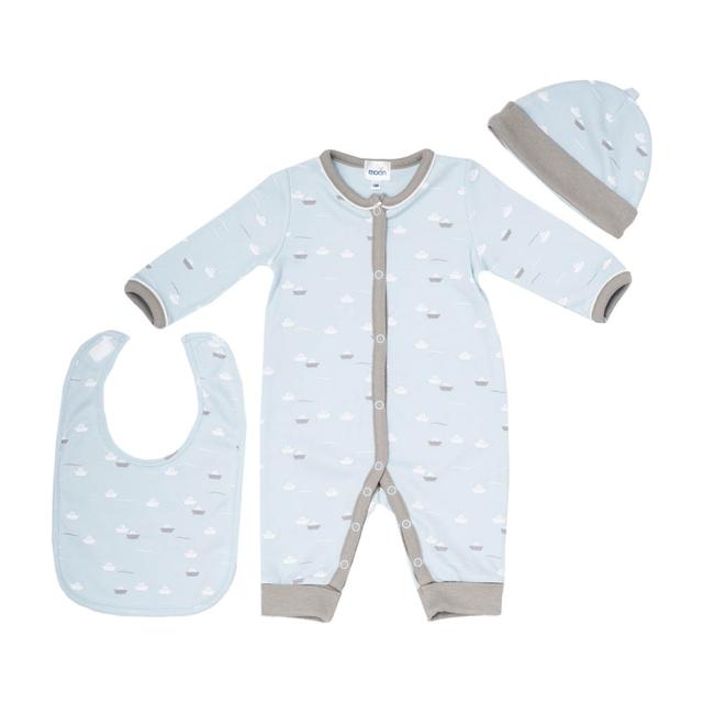 Moon - 3pc-Set - Cotton Sleepsuit, Hat & Bib - Little Boat