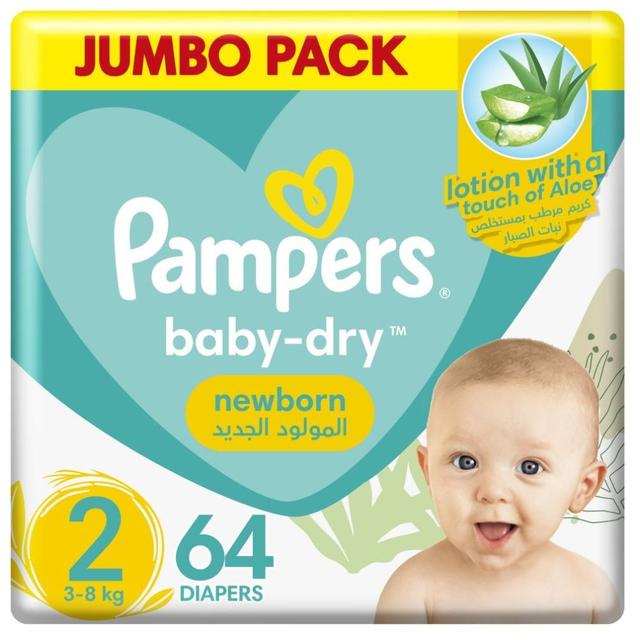 Pampers Baby-Dry Diapers,Size 2, Mini, 3-8kg , With Wetness Indicator, Up to 100% Leakage Protection Over 12 Hours and Bigger, Wider Sides for Comfort, 64 Baby Diapers