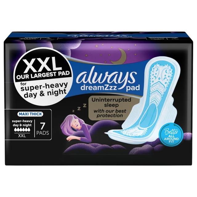 Always Dreamzz Pad Clean & Dry Maxi Thick, Night Long Sanitary Pads W/ Wings 7 Count