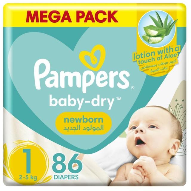 Pampers Baby-Dry Diapers,Size 1, Newborn, 2-5kg, With Wetness Indicator, Up to 100% Leakage Protection Over 12 Hours and Bigger, Wider Sides for Comfort, 86 Baby Diapers