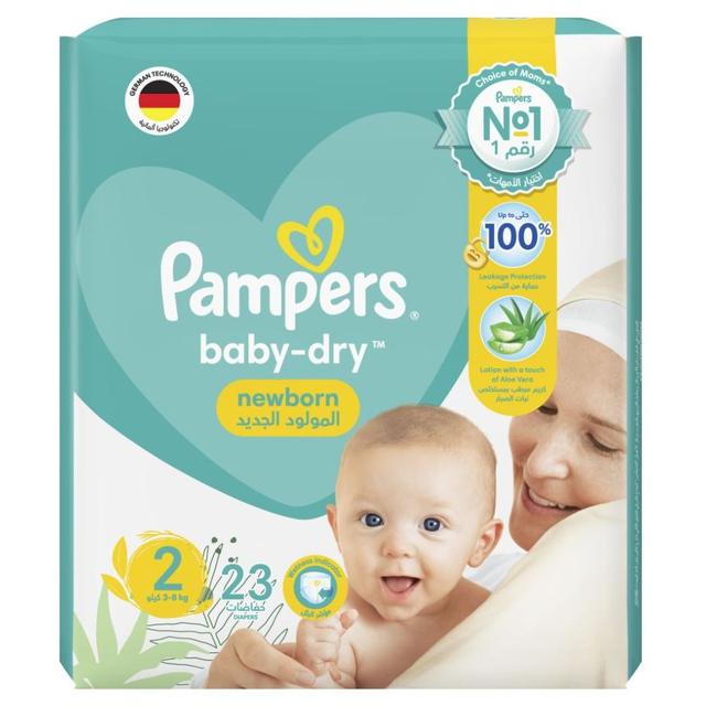 Pampers Baby-Dry Diapers,Size 2, Mini, 3-8kg, With Wetness Indicator, Up to 100% Leakage Protection Over 12 Hours and Bigger, Wider Sides for Comfort, 23 Baby Diapers