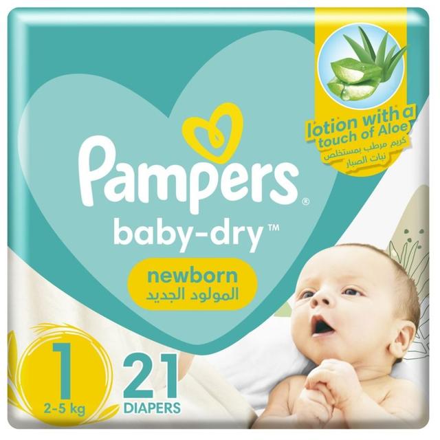 Pampers - Baby-Dry Newborn Taped Diapers with Aloe Vera Lotion, Leakage Protection, Size 1, 2-5kg, Carry Pack, 21 Count