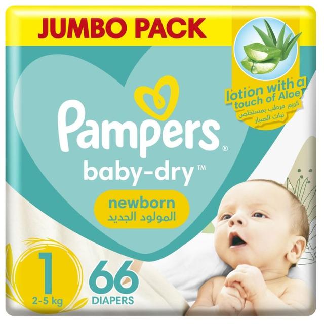 Pampers - Baby-Dry Newborn Taped Diapers with Aloe Vera Lotion, Leakage Protection, Size 1, 2-5kg, Jumbo Pack, 66 Count