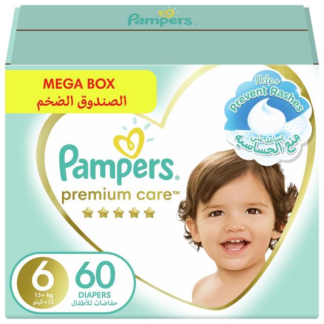 Pampers Premium Care Diapers, Size 6, 13+ kg, 60 Baby Diapers