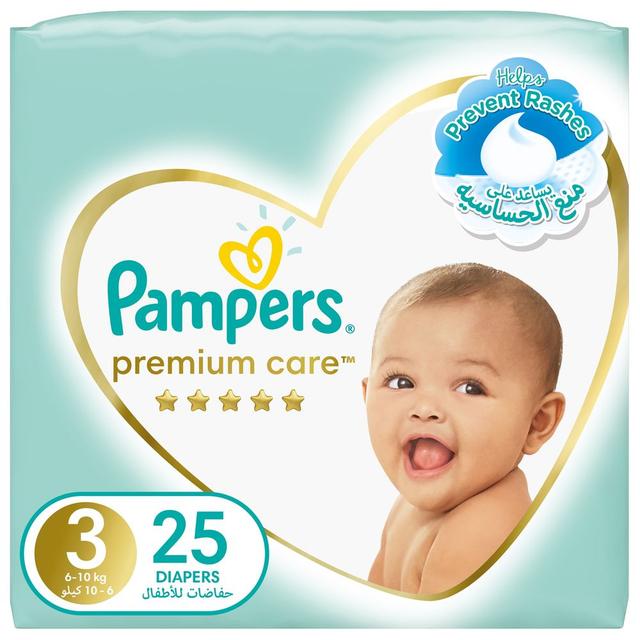 Pampers Premium Care Diapers, Size 3, 6-10 kg, The Softest Diaper and the Best Skin Protection, with Up to 100% Leakage Protection Over 12 Hours, 25 Baby Diapers