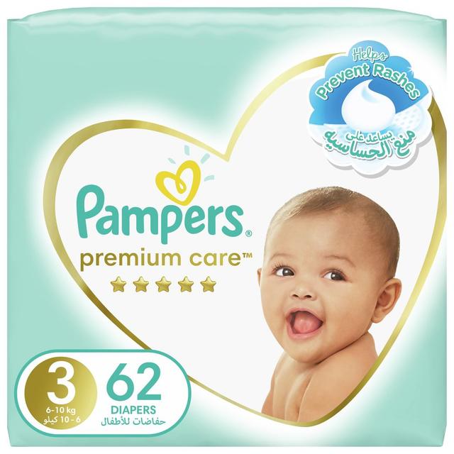 Pampers Premium Care Diapers, Size 3, 6-10 kg, 62 Baby Diapers