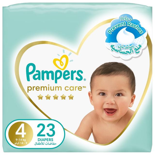 Pampers Premium Care Diapers, Size 4, 9-14 kg, The Softest Diaper and the Best Skin Protection, with Up to 100% Leakage Protection Over 12 Hours, 23 Baby Diapers