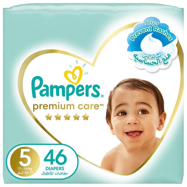 Pampers Premium Care Diapers, Size 5, 11-16 kg, The Softest Diaper and the Best Skin Protection, with Up to 100% Leakage Protection Over 12 Hours, 46 Baby Diapers