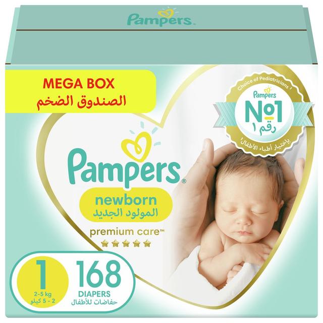 Pampers - Premium Care Newborn Taped Diapers, Size 1, 2-5kg, 168 Count