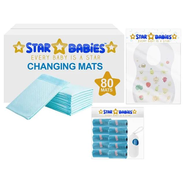 Star Babies - Disposable Changing Mat 80pcs & Scented Bag 10pcss & Bibs 70pcs - Blue