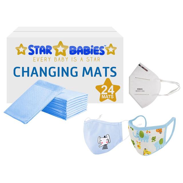 Star Babies Combo Pack, 24Pcs Disposable Changing Mats Blue/2Pcs Kids Reusable Mask/KN95 Mask