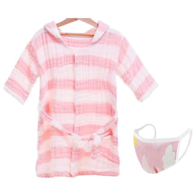 Star Babies - Muslin Kids Hooded Bathrobe Pink W/ 1Pc Kids Reusable Mask