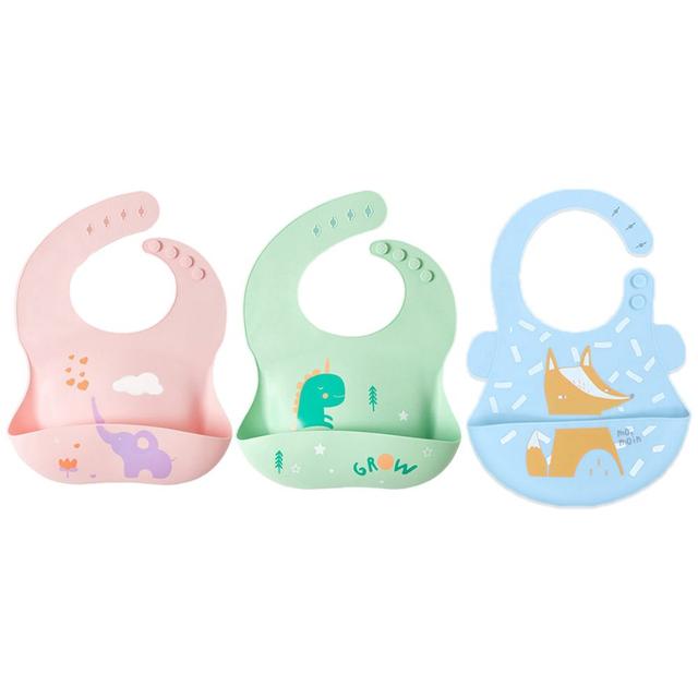 Pixie Baby - Silicone Bibs Pack of 3 - Elephant, Dinosaur, Fox