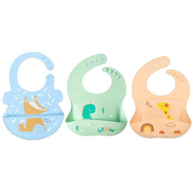 Pixie Baby - Silicone Bibs Pack of 3 - Fox,Dinosaur, Jerraf