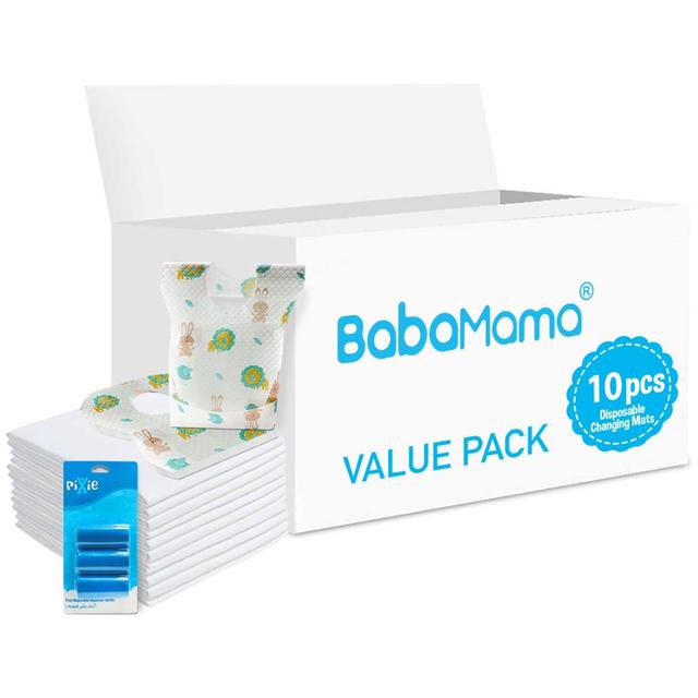 Babamama - Changing Mats 10 + Pixie - Bib 10 + Pack Of 1 Refill Blue 60 Nappy Bags 