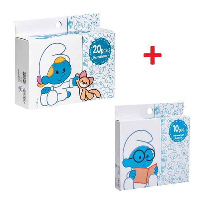 Smurf - Box of 20 Disposable Bibs with Smurf - Disposable Toilet Seat Covers, 10pcs