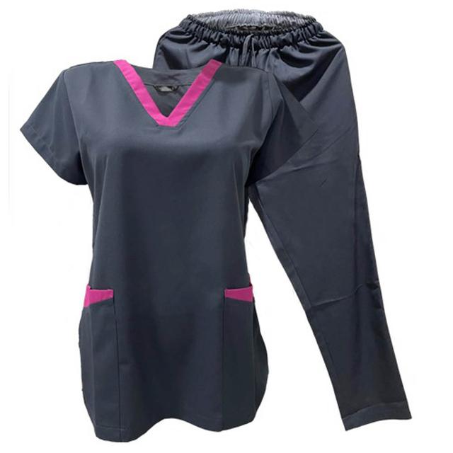 Veronica - 2pc-Set - Medical Scrub Suit For Ladies - Dark Grey/Pink