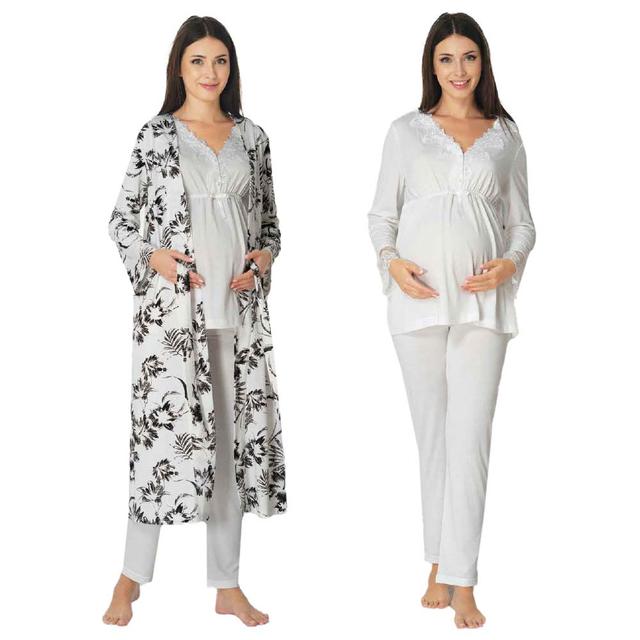 Mini Plum - 3pc-set - Lace Maternity PJ Set w/ Robe - White