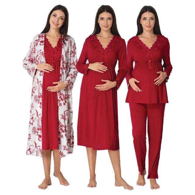 Mini Plum - 4pc-set - Maternity Nightwear w/ Printed Robe - Red